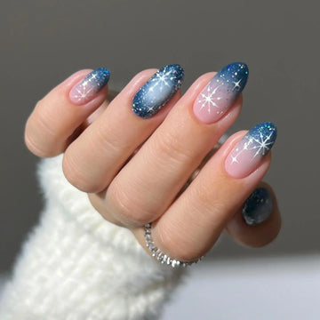 Handmade Blue Glitter Ombre Snowflake Winter Holiday Press on Nails T30
