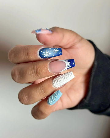Handmade Blue Snowflake Sweater Knit Winter French Press on Nails Z35