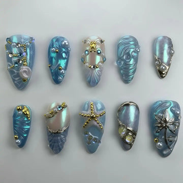 Handmade Blue Pearl Starfish Shell Ocean Fantasy Mermaid Press on Nails U78