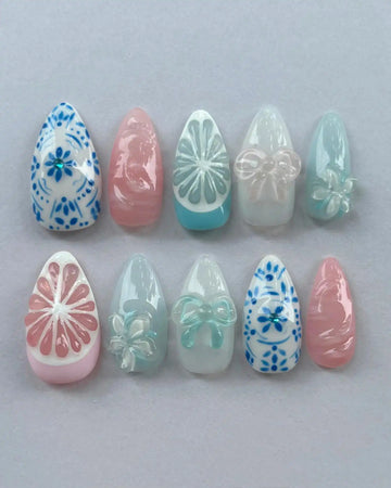 Handmade Blue Porcelain Floral Bow Citrus Pastel Summer Press on Nails O72