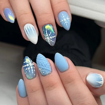 Handmade Blue Sweater Snowflakes Icicle Winter Holo Frost Press on Nails U94