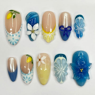 Handmade Blue Yellow Lemon Floral 3D Summer Garden Press on Nails B54