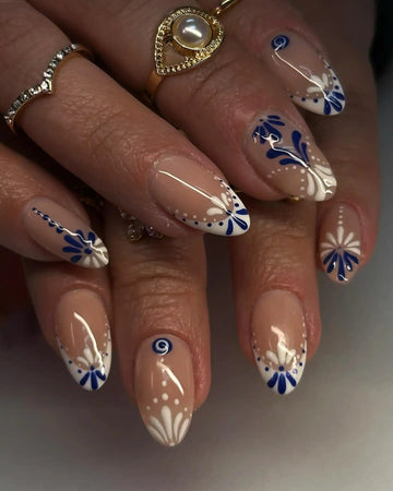 Handmade Blue and White Floral Dot Glossy Art Press on Nails N24