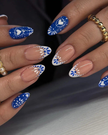 Handmade Blue and White Floral Heart Design Press on Nails Q73