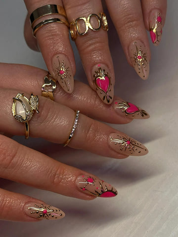 Handmade Bold Heart Gold Chrome Pink Rhinestone Fake Nails M72