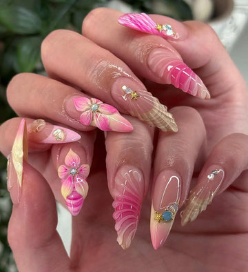 Handmade Bright Blossom Seashell Summer Spring Beautiful Pink Press on Nails O56