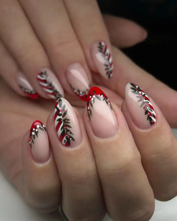 Handmade Candy Cane Holly French Christmas Press on Nails H06