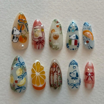 Handmade Cartoon Citrus Orange Fruit Wine Cute Summer Press on Nails S36