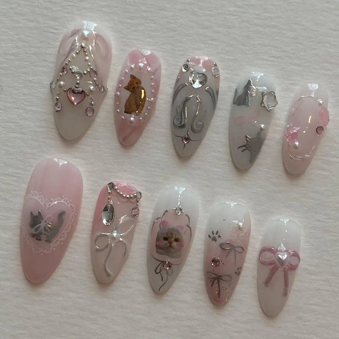 Handmade Cat Pearl Pink Lace Bow Rhinestone Pastel Press on Nails R34