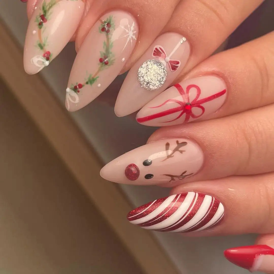 Handmade Christmas Press on Nails - Reindeer Wreaths Ornaments Snowflake Design E49