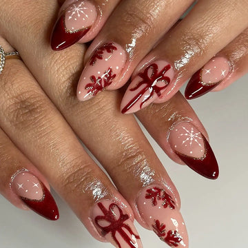 Handmade Christmas Red Glitter Ribbon Snowflake Press on Nails U72