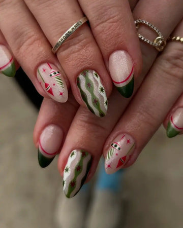 Handmade Christmas Red Green Star Swirl Abstract Press on Nails S89
