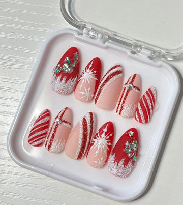 Handmade Christmas Snow Themed in Red Press on Nails Y55