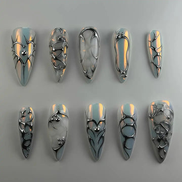 Handmade Chrome Silver 3D Heart Abstract Metallic Futuristic Press on Nails R80