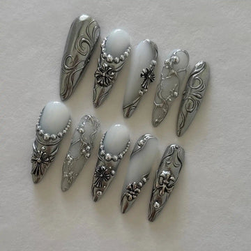 Handmade Chrome Silver Goth Cross Scrollwork Edgy Alt Press on Nails W84