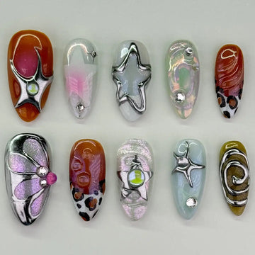 Handmade Chrome Star Y2K Metallic Swirl Funky Press on Nails F14