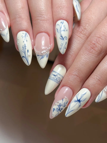Handmade Classic Blue Ceramic Porcelain Art Pearl Fake Nails C78