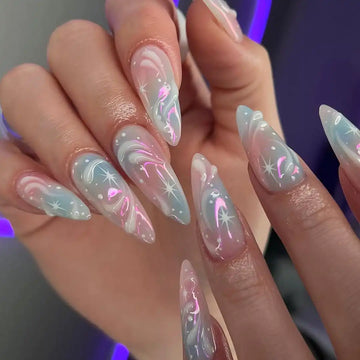 Handmade Colorful Mirror Effect and White Star Press on Nails G78