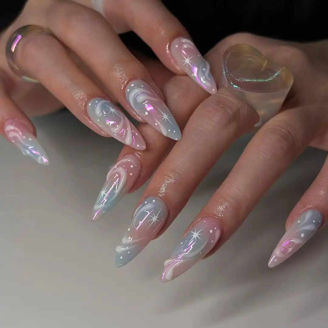 Handmade Colorful Mirror Effect and White Star Press on Nails G78
