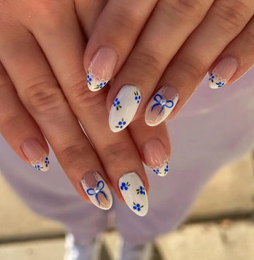 Handmade Blue Floral Bow White Nude Simple Press on Nails A73