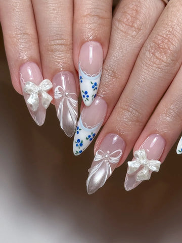 Handmade Cute 3D White Bow Blue Flower Silver Fake Nails V53