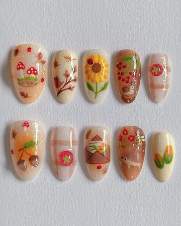 Handpainted Cute Autumn Mushroom Sunflower Berry Press on Nails K83