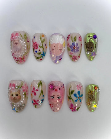 Handmade Cute Cat Floral Kawaii Spring Summer Fun Press on Nails A43