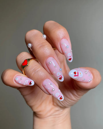 Handmade Cute Snowman Pearl Pink Winter Holiday Art Press on Nails B42