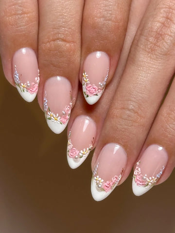 Handmade Pink Floral Garden Pearl White French Tip Wedding Fake Nails Y34
