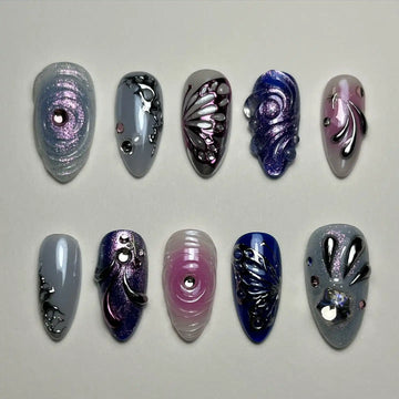Handmade Dark Fantasy Butterfly Rhinestone Purple Silver Press on Nails F51