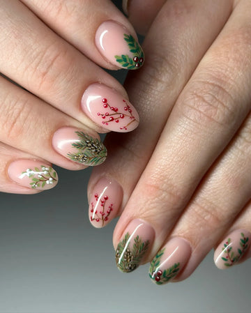 Handmade Delicate Holly Berries Pine Winter Nude Press on Nails H03