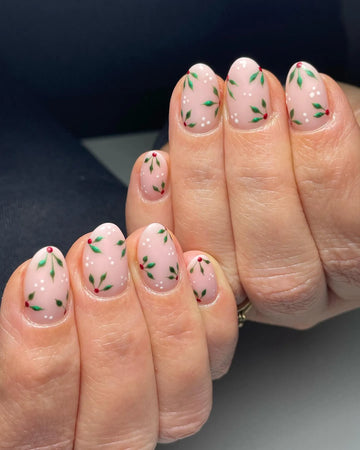 Handmade Delicate Holly Leaf Berries Snow Dots Winter Press on Nails T28