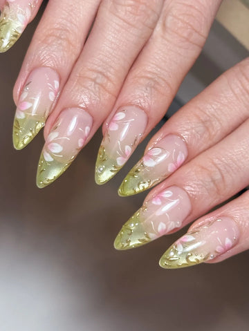 Handmade Pink Cherry Blossom Green Floral Spring Press on Nails Z36
