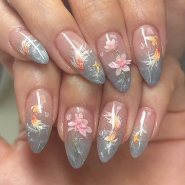 Handmade Dreaming Fish Koi and Florals Japan Artificial Nails G66