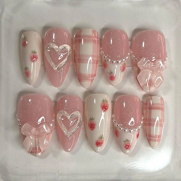 Handmade Dreamy Pink Cute Bow and Heart Press on Nails U08