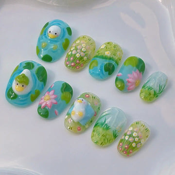 Handmade Duck Swimming in Green Garden with Flowers Press on Nails T83