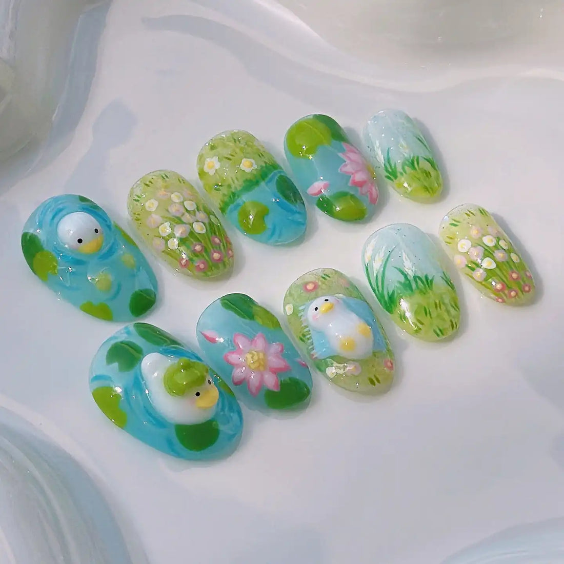 Handmade Duck Swimming in Green Garden with Flowers Press on Nails T83
