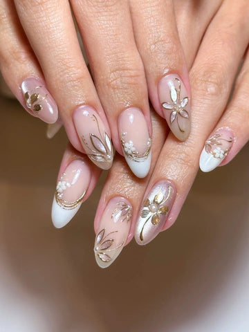 Handmade Elegant Gold Floral Pearl White French Wedding Fake Nails N40