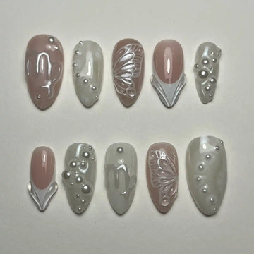 Handmade Elegant White Pearl Butterfly Bride Wedding Press on Nails C71