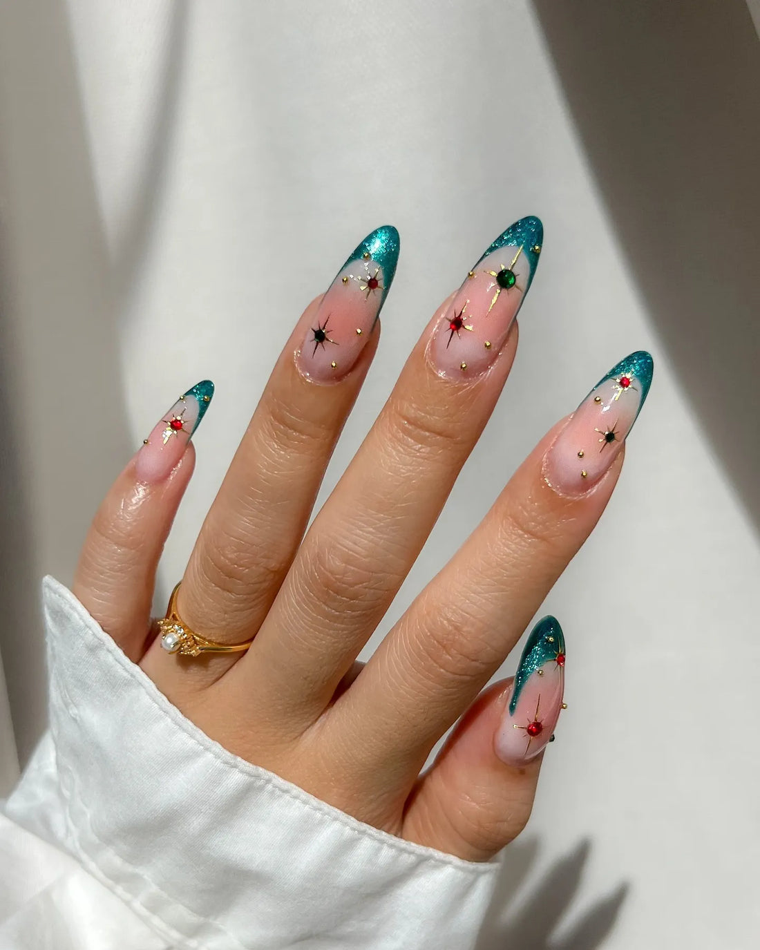 Handmade Emerald Green Star Gold French Tip Press on Nails V67