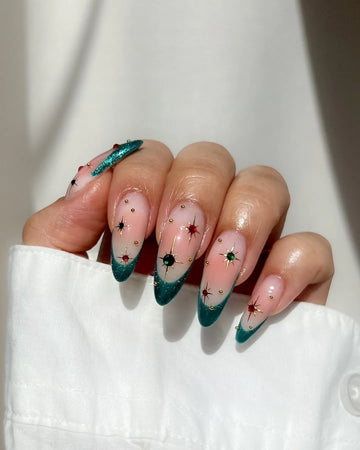 Handmade Emerald Green Star Gold French Tip Press on Nails V67