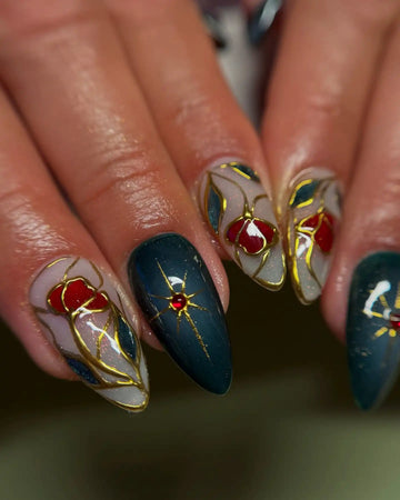 Handmade Floral Red Gold Green Glossy Press on Nails A46