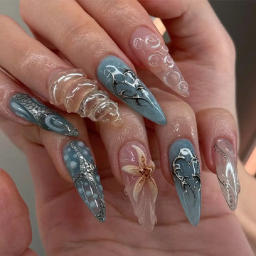 Handmade Floral and Heart Freestyle Pink and Blue Press on Nails E00