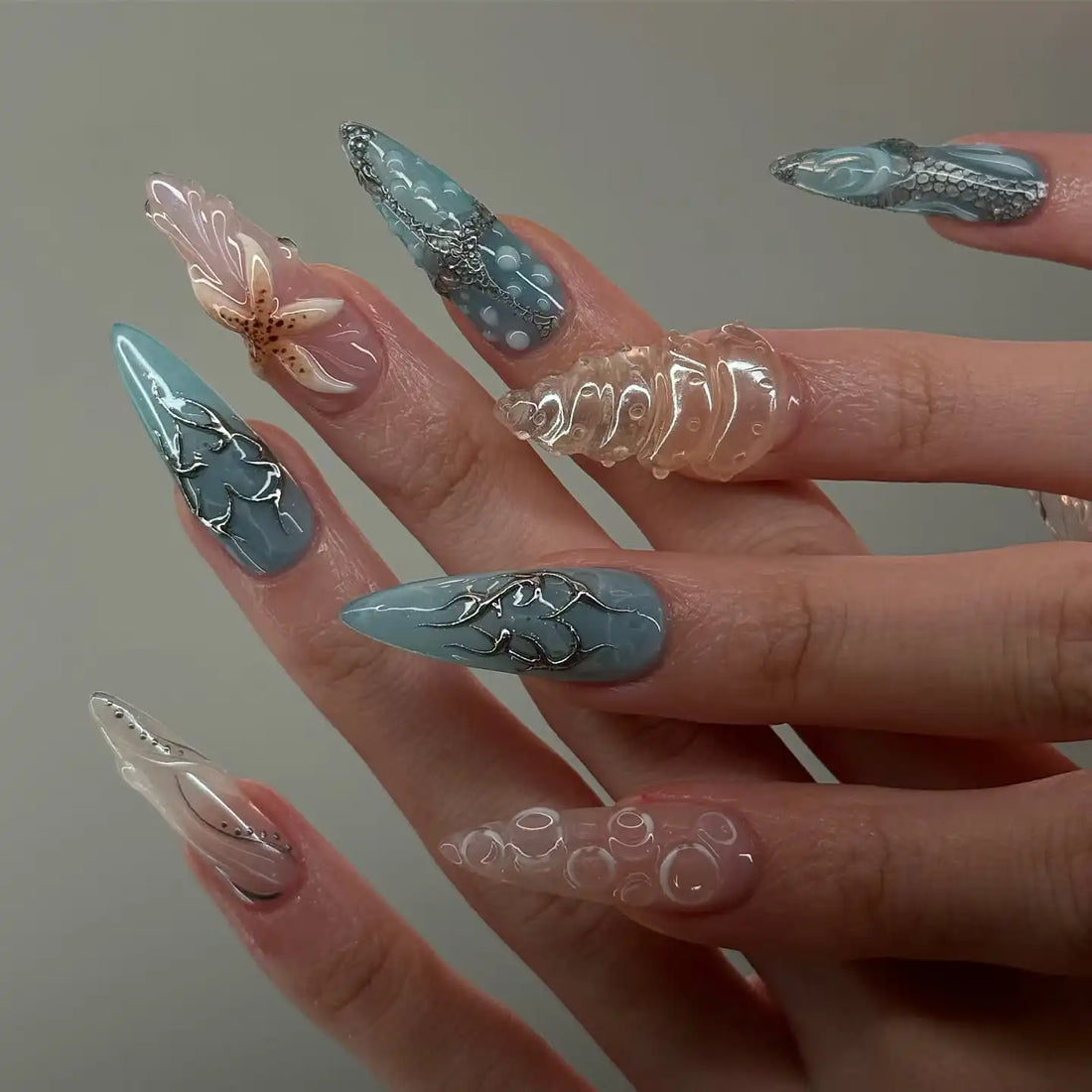 Handmade Floral and Heart Freestyle Pink and Blue Press on Nails E00