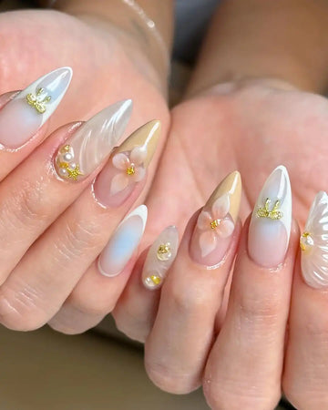 Handmade Florals White French Tip with Gold Press on Nails W61