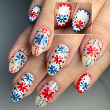 Handmade Folk Art Floral Red Blue White Spring Press on Nails Q87