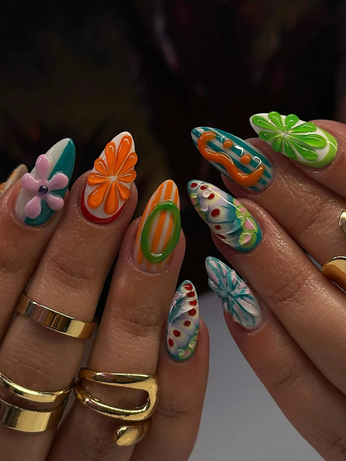 Handmade Fun Colorful Abstract Swirl Flower Fruit Summer Fake Nails E67