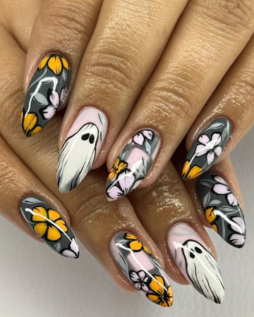 Handmade Ghost Floral Fall Halloween Pastel Spooky Cute Press on Nails S26