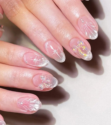 Handmade Glitter Cat Eye Ribbon and Butterfly Press on Nails V57