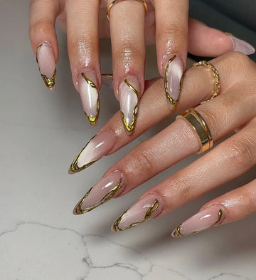 Handmade Gold Abstract Swirl Chrome Cat Eye Luxury Press on Nails S03